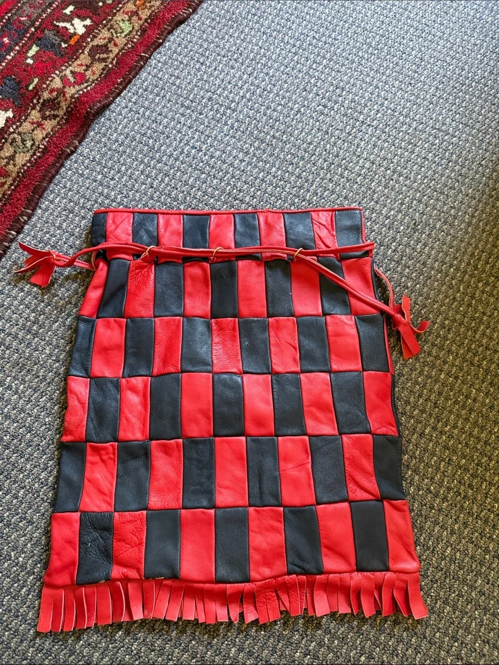 Vintage Red Black Leather Patchwork Fringe Drawstring Hobo Bag